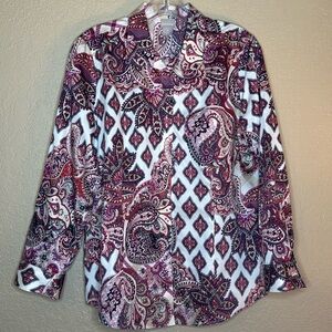 Chico’s No-Iron Petite Sateen Mix Print Wing Collar Shirt size 1P